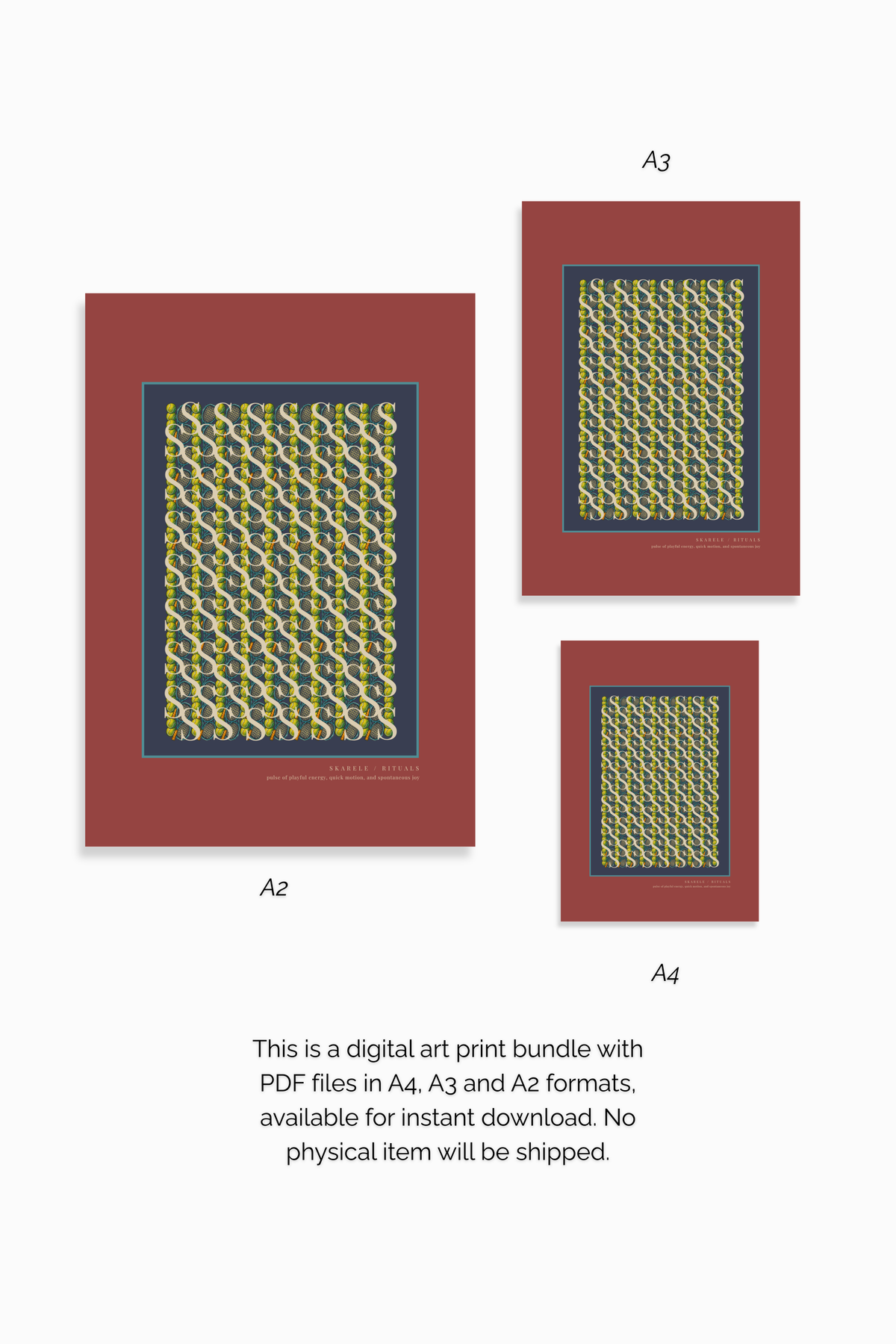 Digital art print bundle preview featuring the "Skarele / Rituals" deep red tennis racket poster in A2, A3, and A4 ratios, with text indicating instant PDF download with no physical item shipped