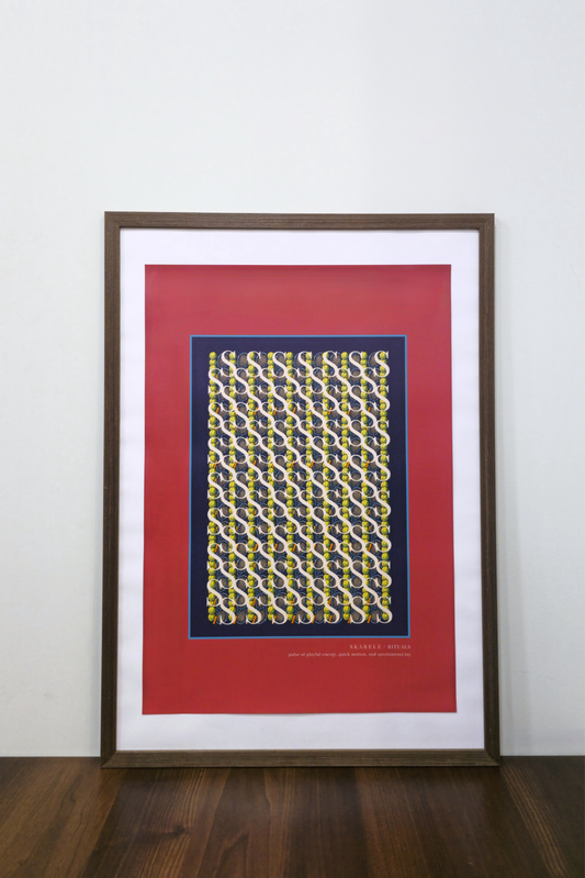 Interior mockup of the "Movement dynamic blue" digital poster framed in a thin dark wooden frame with a white passe-partout mat, featuring tennis rackets and tennis balls pattern on a deep red background, resting on a wooden table against a clean white wall
