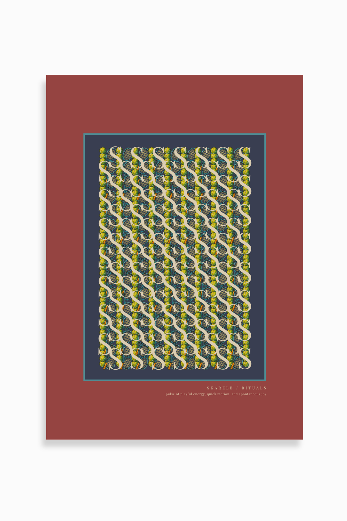 Deep red digital poster with a teal-blue accent line, dark navy inner frame, detailed pattern of vintage tennis rackets and yellow tennis balls, featuring the lower text "SKARELE / RITUALS - pulse of playful energy, quick motion, and spontaneous joy"