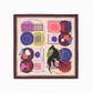 Full view of the NOMAD Silk Scarf in Velvet Plum, showcasing the complete "Nomad" collection print. The design features a stylized sighthound illustration surrounded by mid-century modern geometric patterns and whimsical line art. The bold contrast between the deep purple edges and the vibrant multi-colored interior highlights the scarf's premium artistic value, ideal for dog lovers and fashion enthusiasts alike