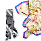 Floral scarf with colorful border and black and white striped narrow silk scar on a white background