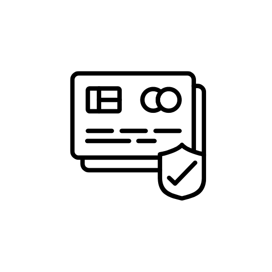 A minimalist black and white line icon featuring two credit cards and a security shield with a checkmark. This illustration represents secure online payments and data protection on a white background.