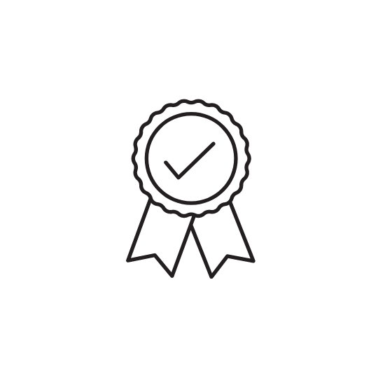 A minimalist black and white line art icon of a quality seal or medal with a checkmark in the center and two ribbons. This illustration represents authentic quality, certified products, or a satisfaction guarantee on a white background.