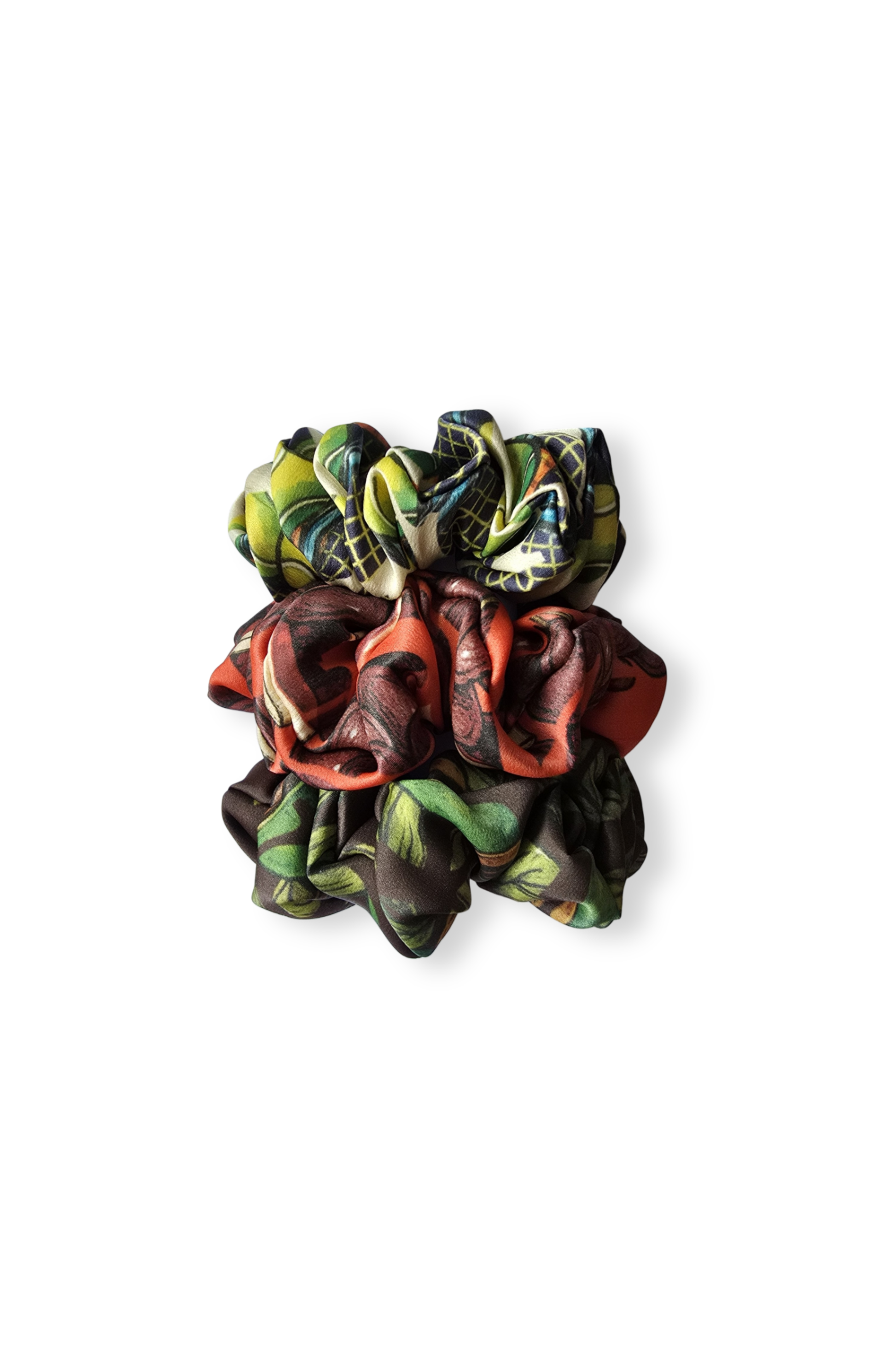 Multicolored silk scrunchie on a white background