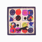 Square silk scarf with abstract geometric print in orange, purple, blue, and a black silhouette of a running Borzoi dog. Designer pet fashion accessory on a clean background.