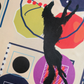 Macro view of a luxury silk scarf print. Illustrates a playful black Borzoi dog silhouette surrounded by modern abstract art shapes, red dots, and colorful circles on a cream background.