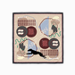 A square scarf with a beige background and a dark grey border, featuring an abstract pattern of dark red circles, brown textured blocks, a black whippet dog silhouette, and light blue curved shapes.