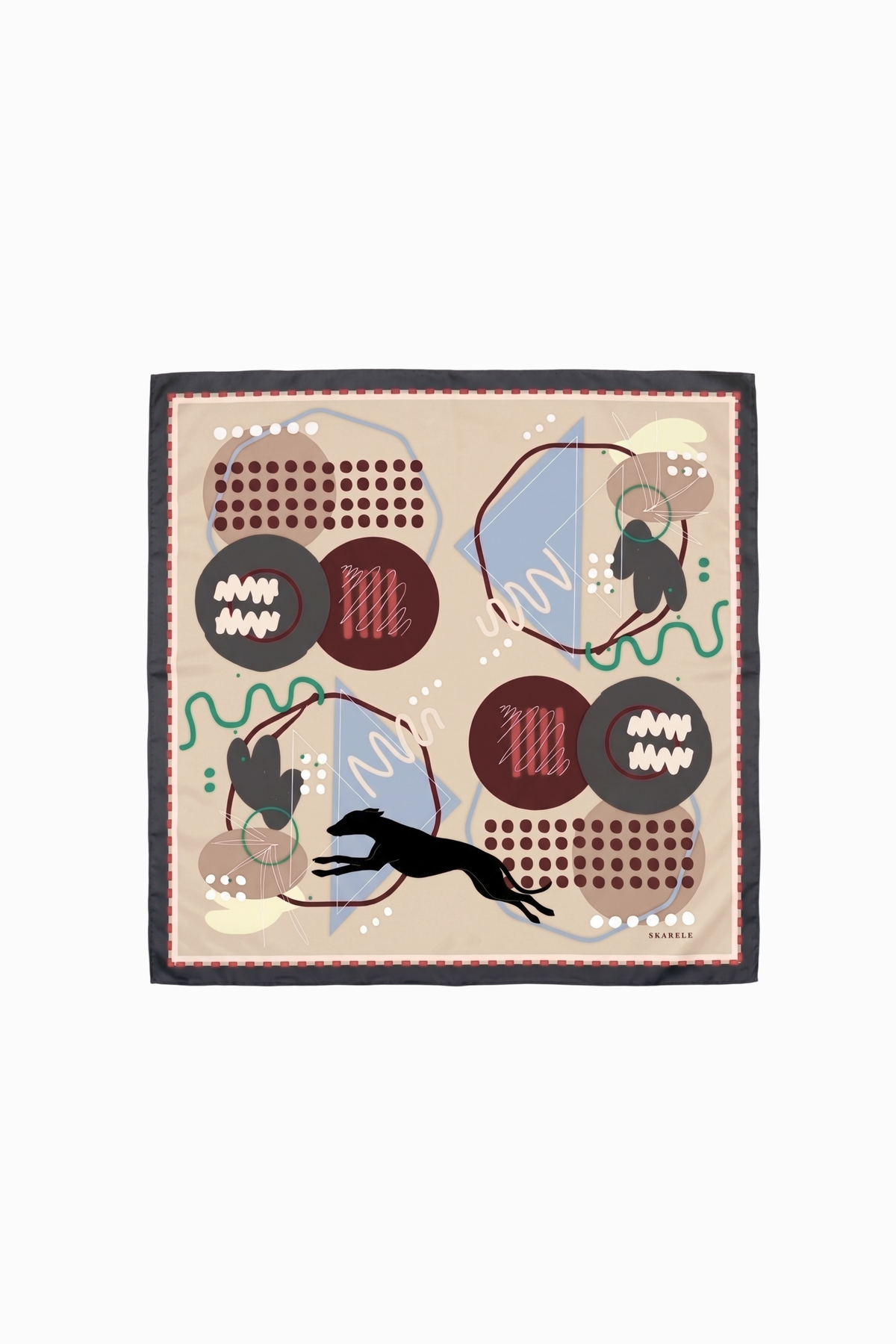 A square scarf with a beige background and a dark grey border, featuring an abstract pattern of dark red circles, brown textured blocks, a black whippet dog silhouette, and light blue curved shapes.