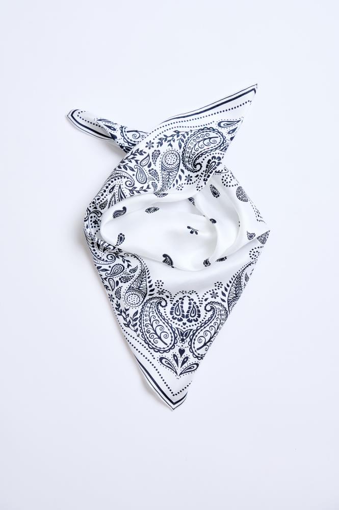 A white viscose scarf with a black paisley pattern tied in a knot at the top, displayed against a white background.