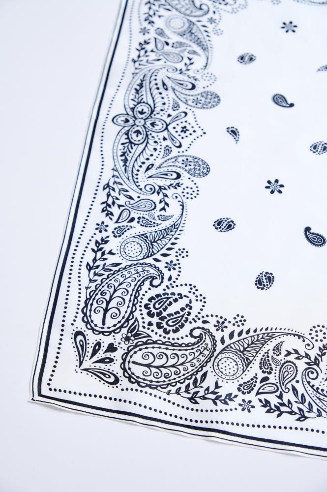 A close-up of the corner of a white scarf laid against a light background. The photo clearly highlights the detailed black paisley pattern, consisting of elegant lines, dots, and botanical motifs. The edge is framed by a subtle double black line and a dotted border, emphasizing the classic style of the accessory.