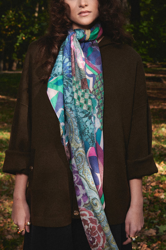 SKARELE FUSION abstract multicolor large silk SCARF, 133x133cm