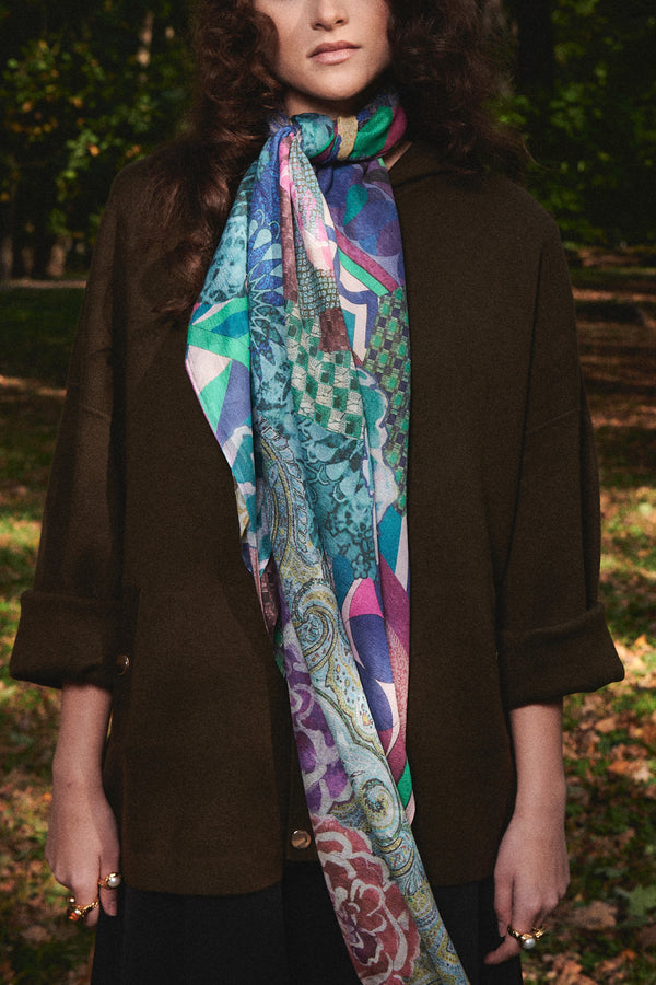 SKARELE FUSION abstract multicolor large silk SCARF, 133x133cm