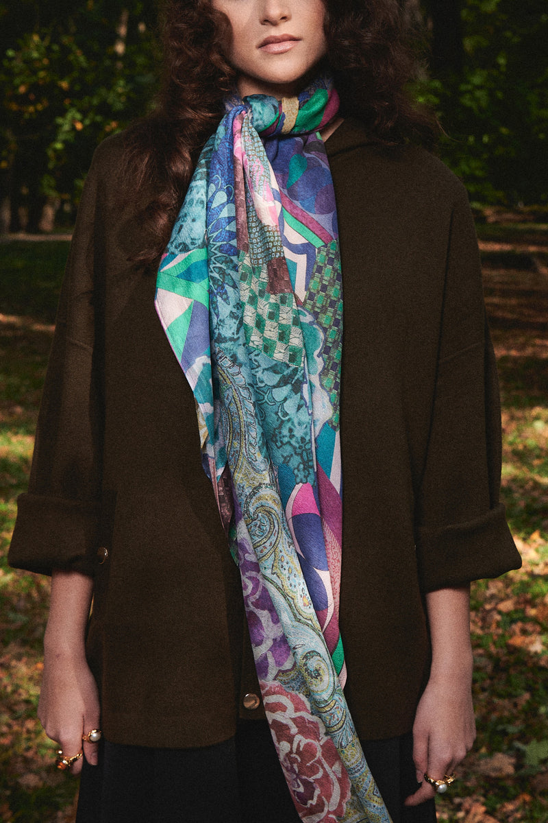SKARELE FUSION abstract multicolor large silk SCARF, 133x133cm