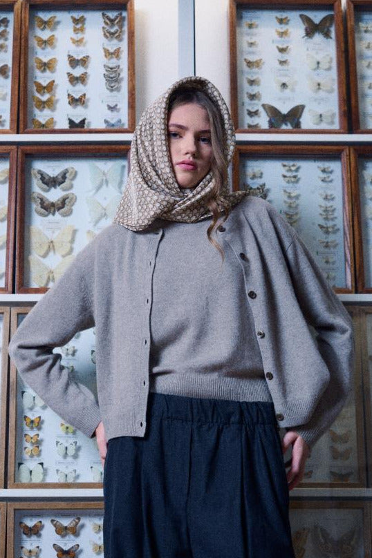 A young woman poses in a science museum setting, with walls adorned by extensive butterfly collections in wooden display cases. She wears a grey sweater, cardigan, and dark trousers, with a silk scarf elegantly wrapped around her head. The scarf features a fine, textured geometric pattern on a brownish and cream background. The model looks directly at the camera, and the unique environment combined with the stylish way the scarf is worn creates an intellectual and calm aesthetic.