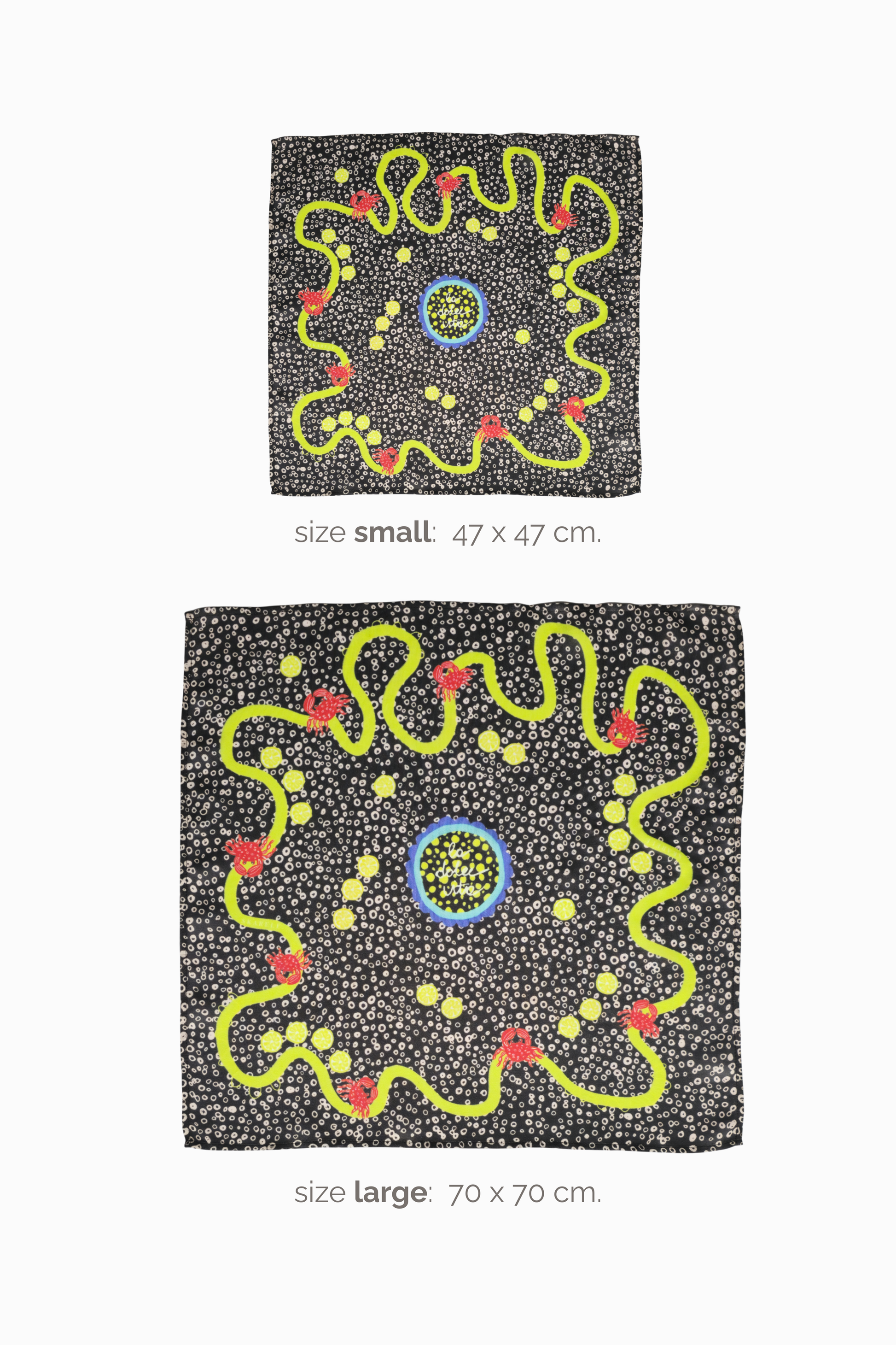 Size comparison layout for Skarele La Dolce Vita viscose and silk blend scarf. Small 47x47 cm and large 70x70 cm versions of the dark charcoal-brown summer patterned scarf are shown vertically on a white background.