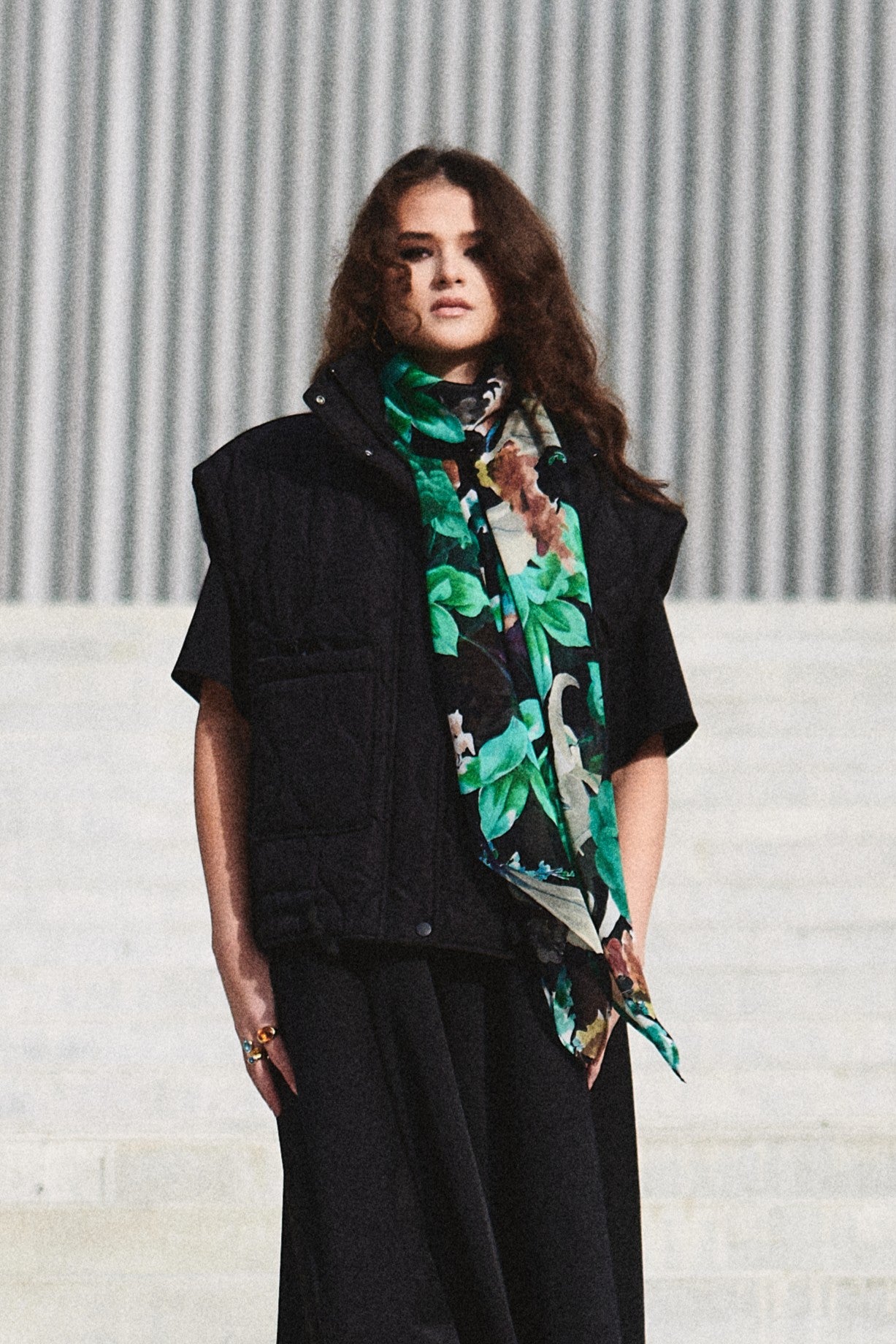 SKARELE OASIS tropical green and black silk SCARF, 140x140cm