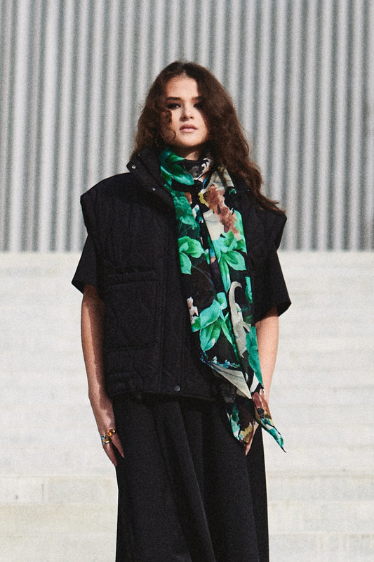 SKARELE OASIS tropical green and black silk SCARF, 140x140cm