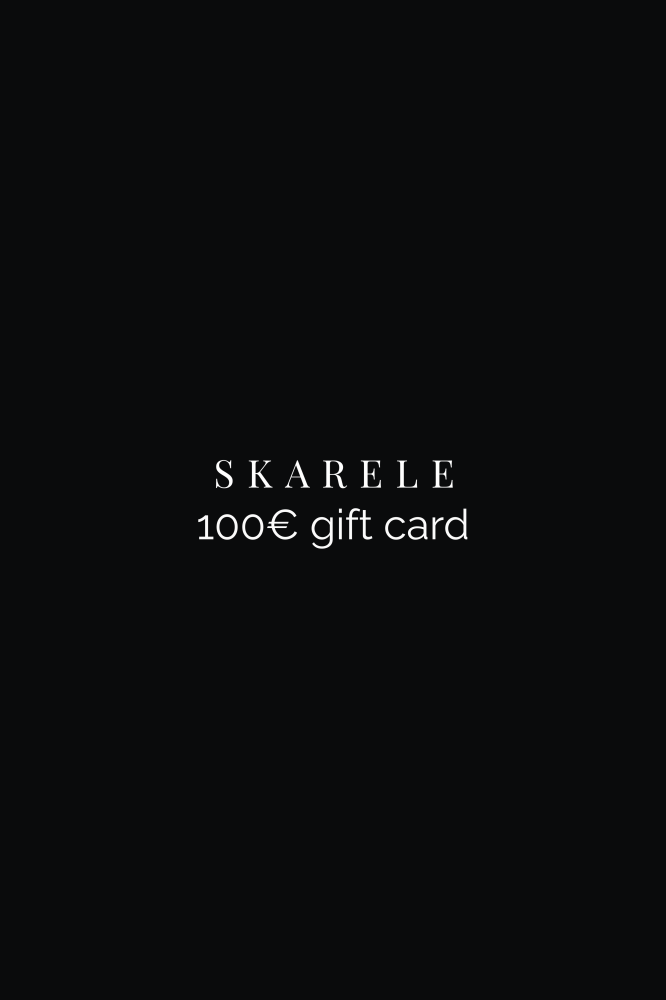 SKARELE 100€ gift card graphic featuring the logo and value text, illustrating the clean and luxury aesthetic of the fashion brand.