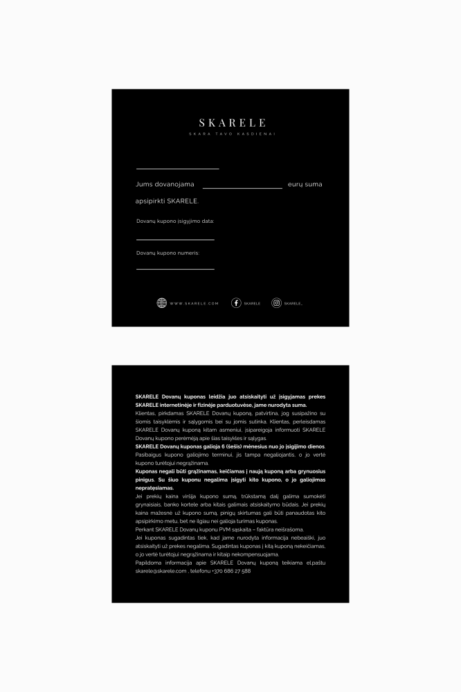 Detailed front and back view of a SKARELE gift voucher, featuring the elegant black design with space for a custom amount, purchase date, and coupon number, along with terms and conditions.