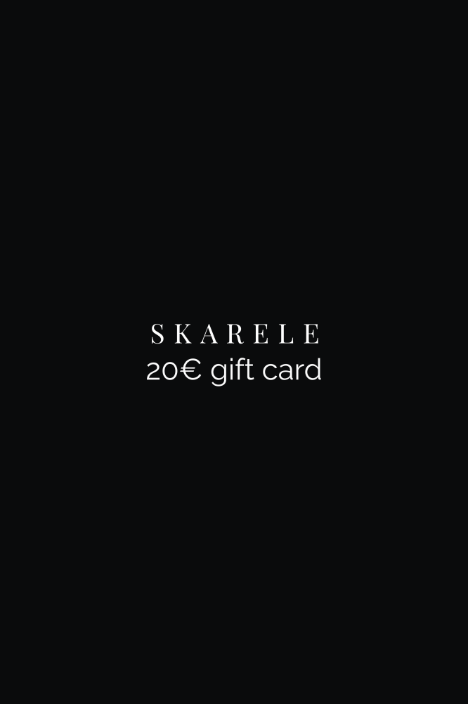 Minimal text on black background with SKARELE logo and 20 Euro gift card information