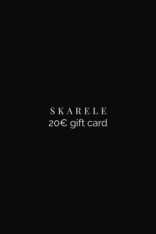 Minimal text on black background with SKARELE logo and 20 Euro gift card information
