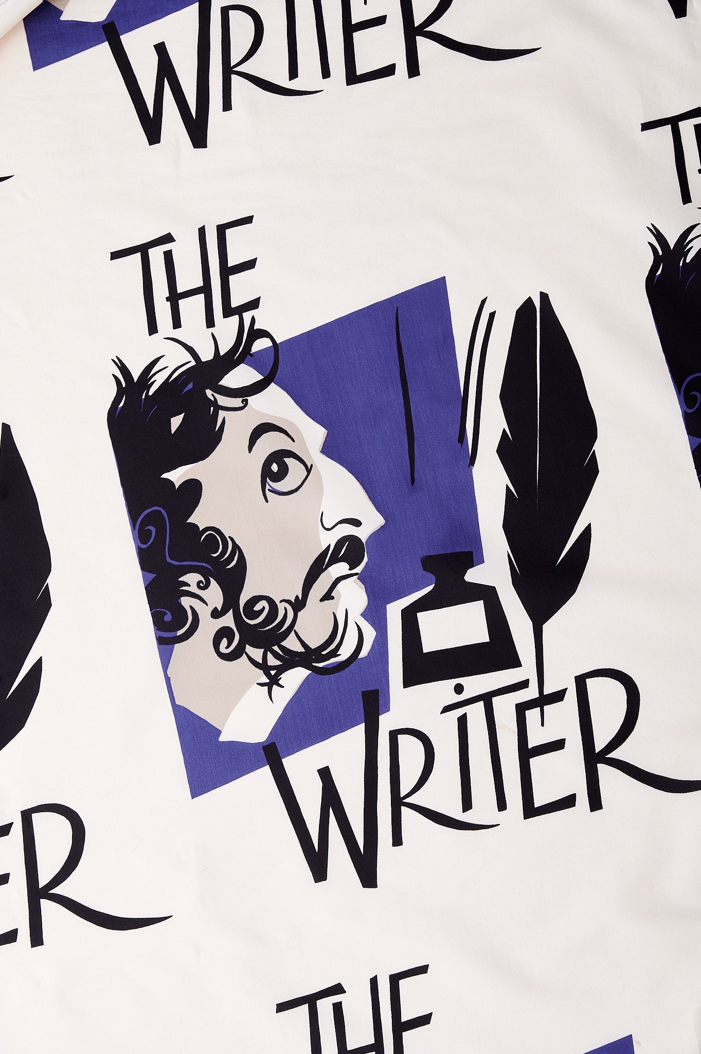 Stylized illustration of a writer with a quill and inkwell against a purple backdrop. Features text "The Writer" in bold, artistic lettering.
