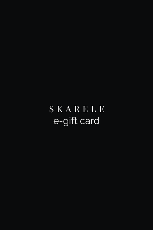 Black background with 'SKARELE e-gift card' text