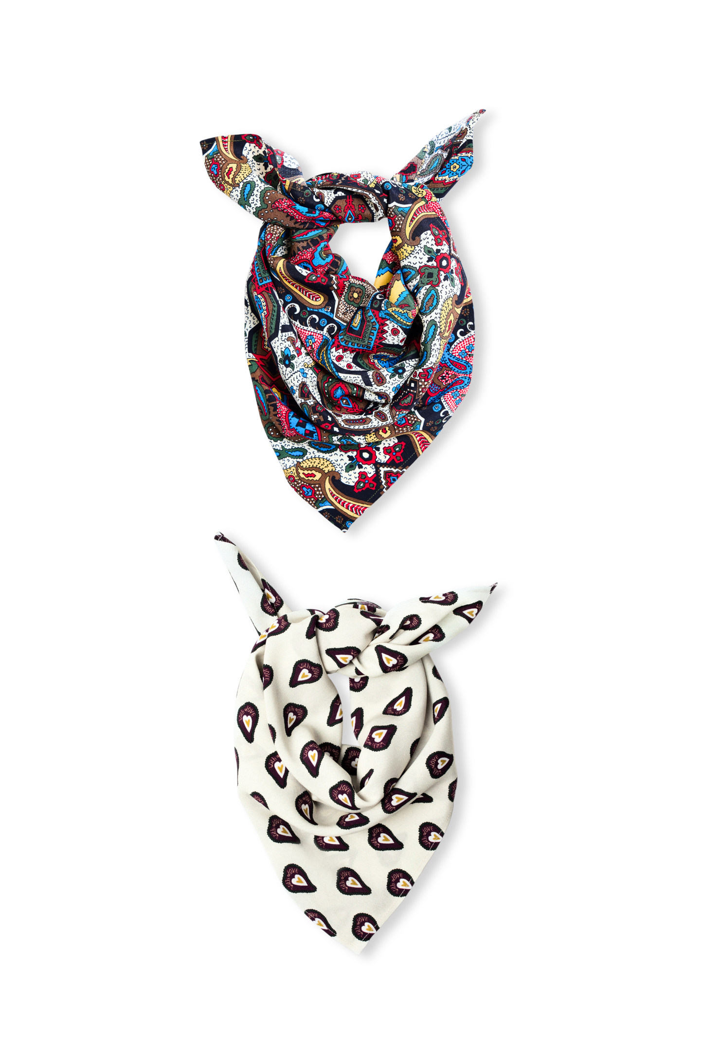 Two patterned viscose neck scarves artfully knotted on a white background: one featuring a rich, colorful paisley pattern and another with a minimalist cream base and dark abstract heart motifs.