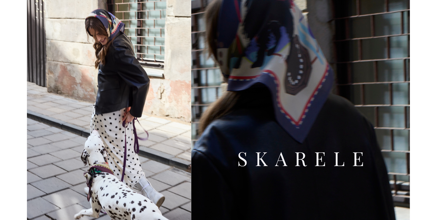 Lifestyle fashion photography layout for Skarele. Two images on a white backdrop show a woman in a silk head covering and leather jacket with a Dalmatian dog in a city setting.