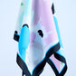 silk scarf with a soft abstract print in pastel pink and sky blue, featuring a bold black border and the designer signature.
