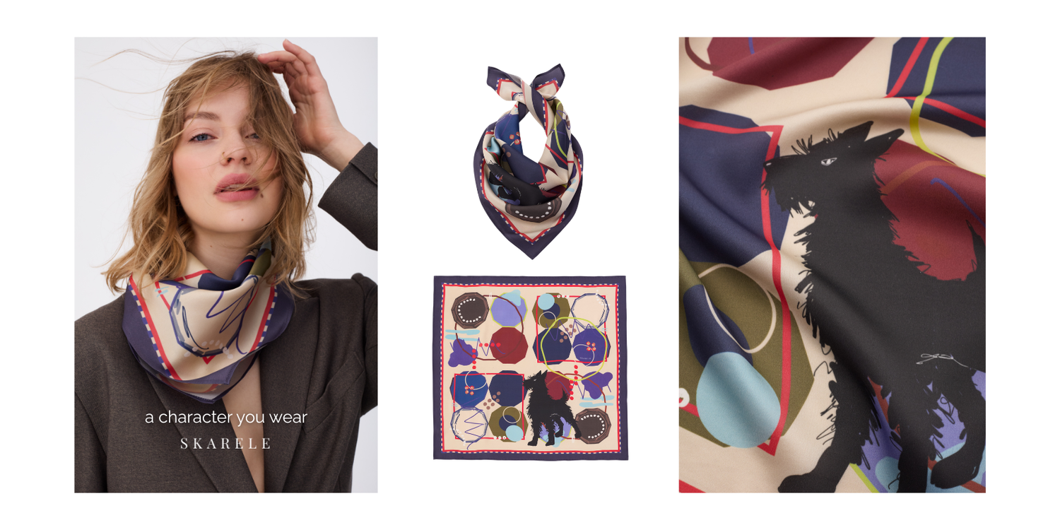 Product showcase of a SKARELE silk scarf. Features navy, burgundy, and olive geometric prints with a black dog silhouette. Shown styled on a model, as a square layout, and in a detailed macro shot. Minimalist aesthetic on a white background.