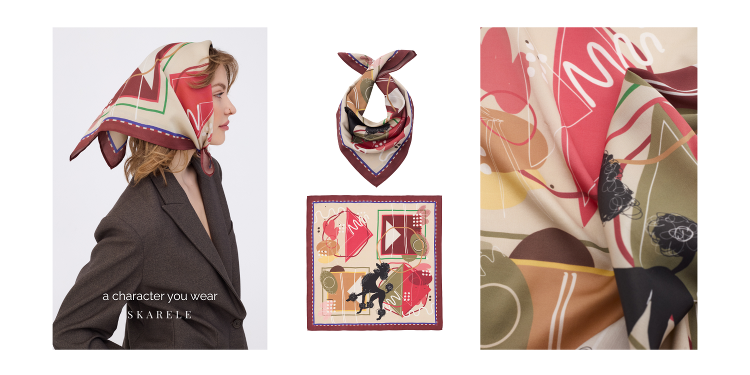 SKARELE MUSE women's square headscarf with abstract geometric pattern and black poodle design. Product collage showing the burgundy and olive green satin scarf styled on a model and as a flat lay.
