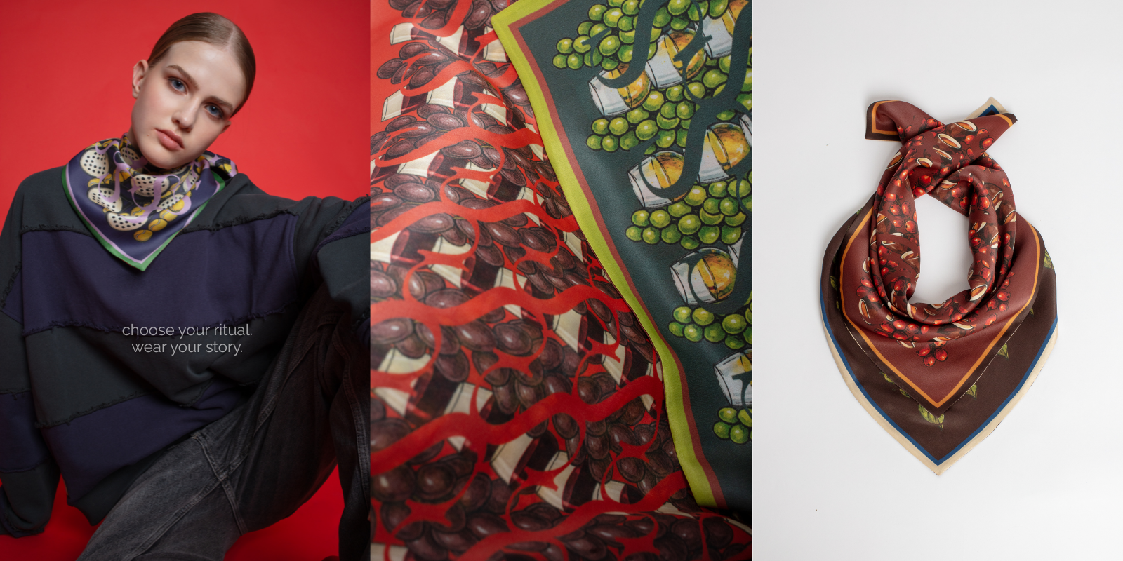 A three-panel fashion collage featuring luxury silk scarves. The left panel shows a model on a red background wearing a purple and green patterned scarf with the text 'choose your ritual. wear your story.' The middle panel is a close-up of vibrant green grape and red berry prints, and the right panel displays a draped brown silk scarf with a berry motif on a white background.