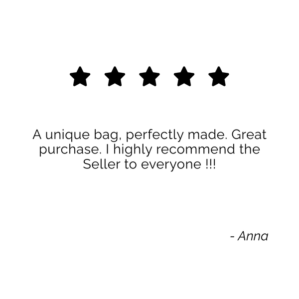 Customer review graphic for Skarele. Displays a 5-star rating and quote from Anna: 'A unique bag, perfectly made. Great purchase. I highly recommend the Seller to everyone !!!' on a white background.