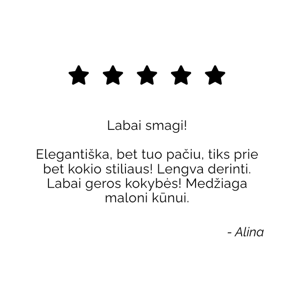 Customer review graphic for Skarele. Displays a 5-star rating and Lithuanian testimonial from Alina praising the elegant, high-quality scarf that matches any style and feels great on the skin.