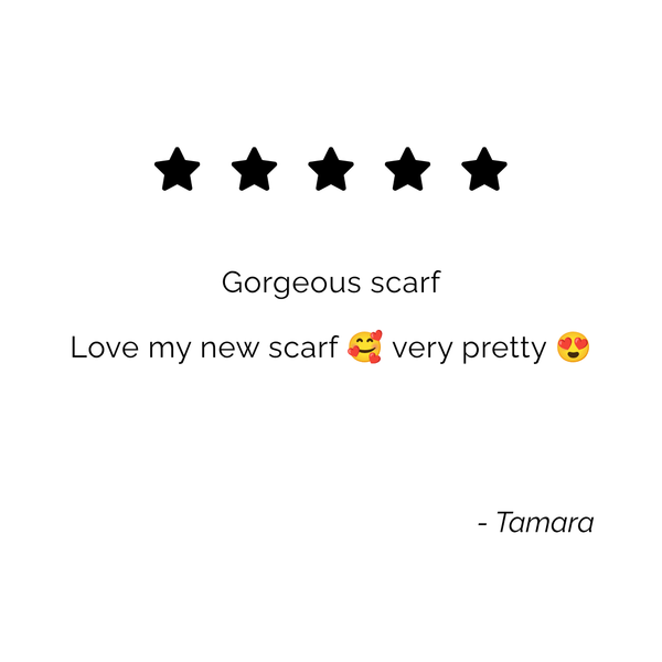 Customer review graphic for Skarele. Displays a 5-star rating and a quote from Tamara: 'Gorgeous scarf. Love my new scarf very pretty', featuring heart-eyes emojis on a white background.