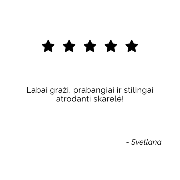 Customer review graphic for Skarele. Displays a 5-star rating and Lithuanian testimonial from Alina praising the elegant, high-quality scarf that matches any style and feels great on the skin.