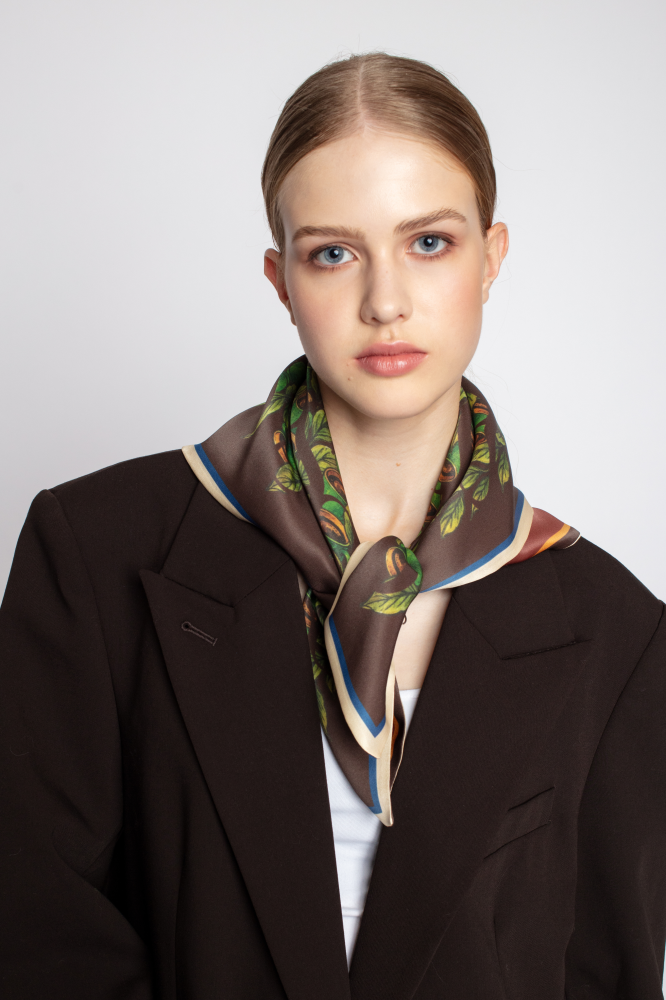 SKARELE MORNING Double-Sided Deep Brown and Bordeaux Tones Silk Scarf 65x65 cm