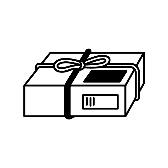 A minimalist black and white line art illustration of a delivery package. The box is tied with a ribbon and features shipping labels, representing a gift or a commercial shipment on a white background.