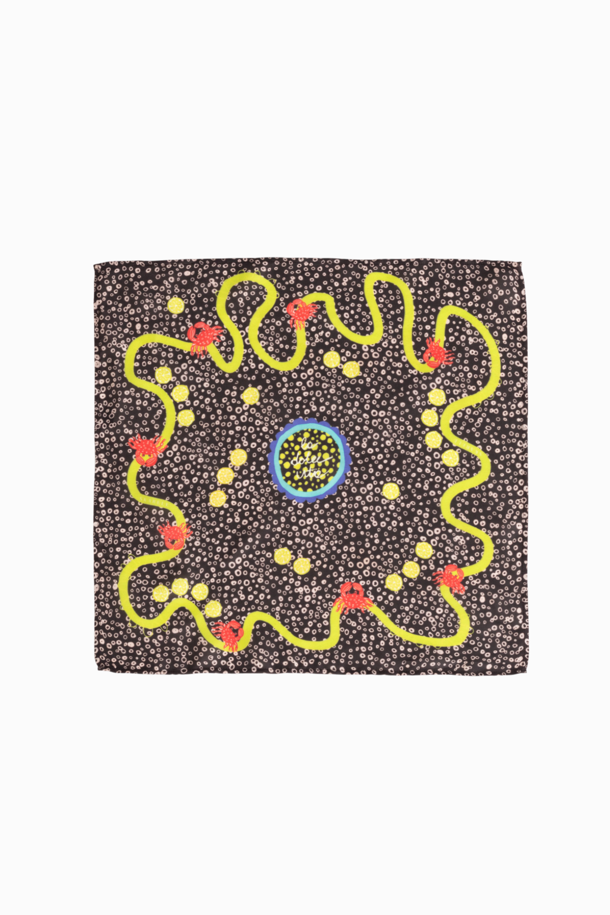 A square silk and viscose scarf featuring a central dot art design with a yellow winding line, red and yellow details, and a blue and olive green center on a dark brown speckled background, shown flat against a white background.