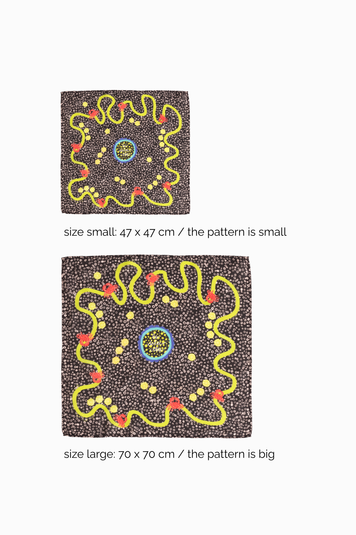 Size comparison guide displaying two dark brown square silk and viscose scarves  patterns: size small measuring 47 x 47 cm with a smaller pattern scale, and size large measuring 70 x 70 cm with a larger pattern scale on a clean white background.