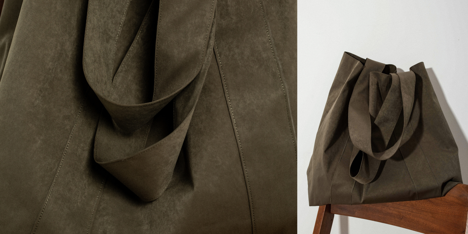 A high-definition product photograph diptych showcasing a large olive-green suede-like tote bag. The left panel is a close-up of the textured material, the prominent handles, and the vertical stitching lines. The right panel is a wider view of the same bag resting on a simple wooden chair, emphasizing its ample size and soft structure.