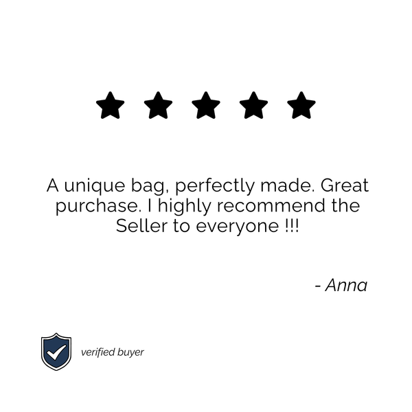 Skarele customer testimonial with a verified buyer shield icon and five stars. Review quote praise for premium quality, unique design, and highly recommended seller shopify store.