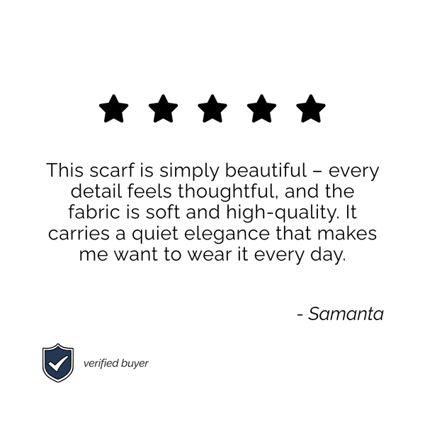 Skarele luxury scarf customer testimonial featuring five stars and a verified buyer badge. Review highlights the premium soft fabric, high-quality craftsmanship, and quiet elegance of the product.