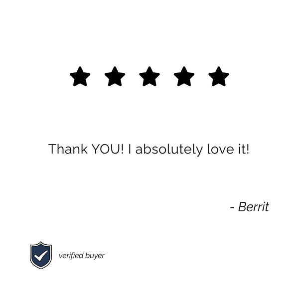 Skarele product testimonial with a verified buyer badge and five stars. Review features enthusiastic customer feedback and a high satisfaction rating for the online shop.