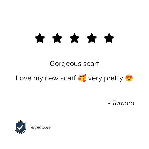 5-star customer review graphic from a verified buyer . Text reads: "Gorgeous scarf. Love my new scarf 🥰 very pretty 😍"