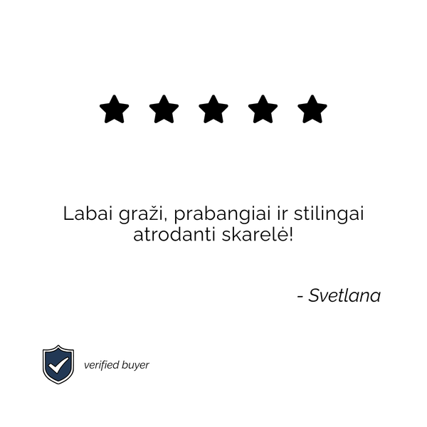 5-star customer review graphic from a verified buyer for Skarele. Lithuanian text translates to: "Very beautiful, luxurious and stylish looking scarf!"