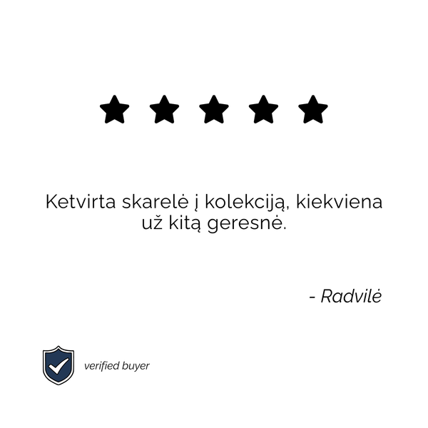 5-star customer review graphic from a verified buyer for Skarele. Lithuanian text translates to: "Fourth scarf to the collection, each one better than the last."