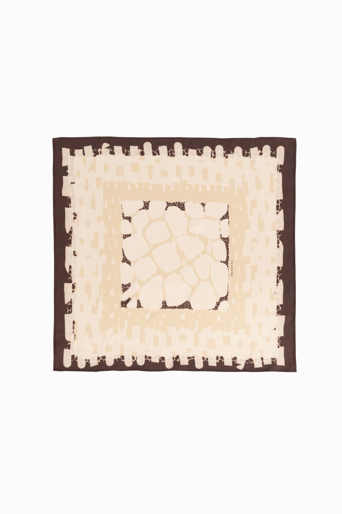Full view flat lay display of the "Traces" square silk scarf, featuring a dark brown border, cream geometric inner frame, and a central stone-pavement mosaic pattern on a plain white studio background.